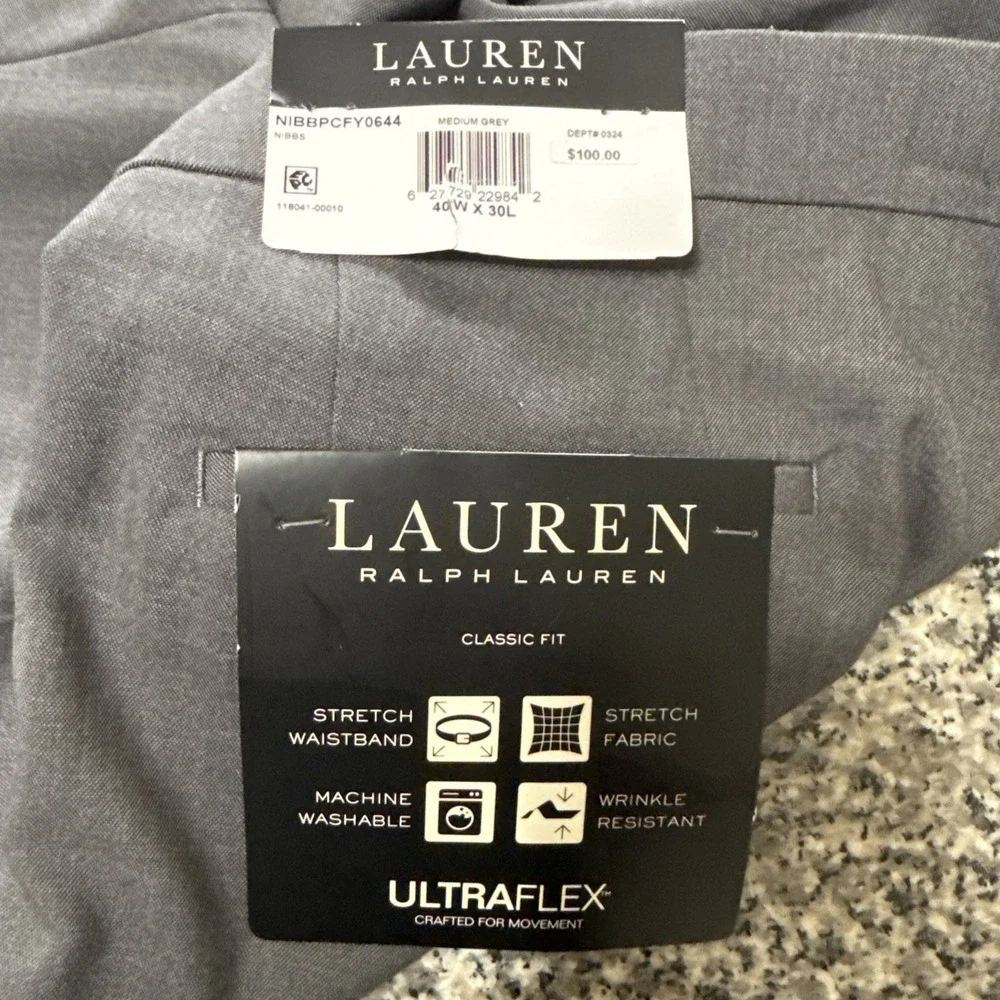 Lauren Ralph Lauren Mens 40x30‎ Medium Grey Pleated Cuffed Pants Poly Blend